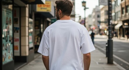 Stylish White T-Shirt Mockup Back View City Street Photography