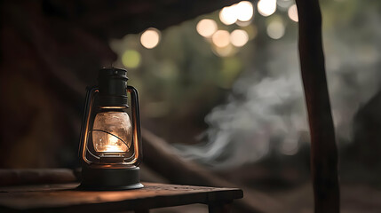 Vintage Lantern Illuminating A Rustic Cabin