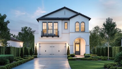 Two-story modern house with a light exterior, large windows, and dark trim, nestled amongst landscaping