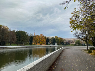 beautiful autumn landscape. Svisloch river embankment and park in autumn in Minsk, Belarus.