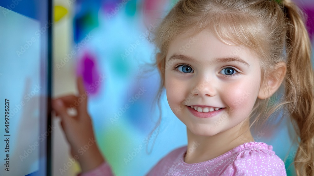 Aufkleber smiling girl is touching an interactive screen while standing in front of a colorful background.