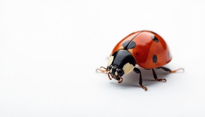 Fototapeta premium Close-up of single ladybug on stark white background, nature, colorful, close-up