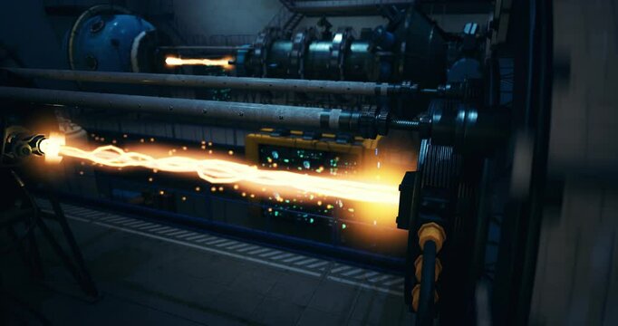 Advanced machinery with glowing elements releases energy in a high tech power plant. The environment is dark with illuminated components, showing the intricate design of the equipment.
