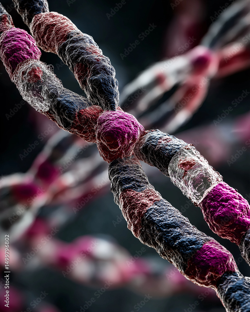 Poster telomere chromosome end. dna sequence genetics. cell aging medical science. genetic code research. c