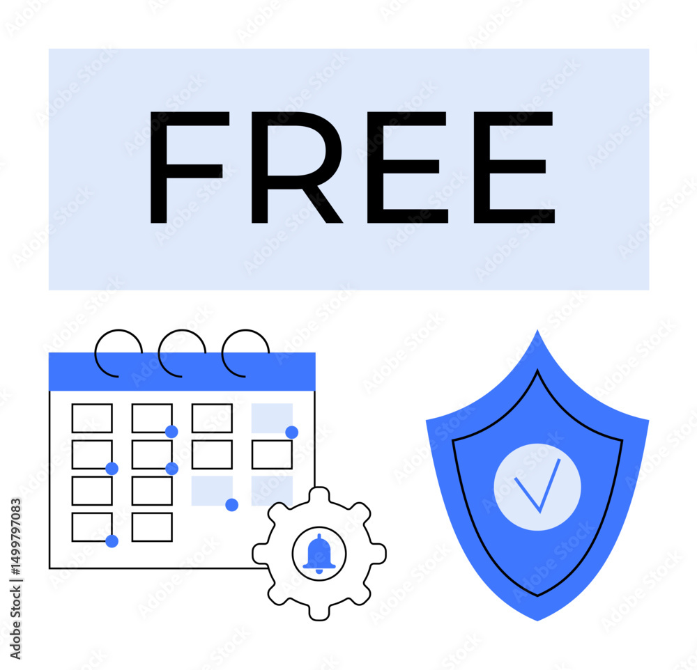 Poster free text with a calendar marked by events, a gear icon with an alert, and a secure shield with a ch