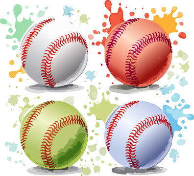 Watercolor baseball ball bundle set, balls, Baseball ball with red seams vector illustration. American team sports game inventory. Active leisure 3d object on grunge background