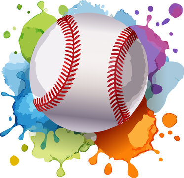 Watercolor baseball ball painting, Baseball ball with red seams vector illustration. American team sports game inventory. Active leisure 3d object on grunge background