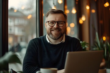 Fototapeta premium Confident, smiling businessman with beard and glasses working on laptop in a cozy cafe with bokeh lights