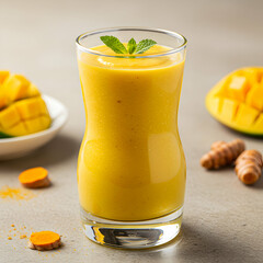 A glass of mango turmeric smoothie garnished with mint leaves and mango slices on a light surface