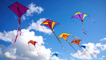 Colorful Kites Soaring High in a Sunny Blue Sky A Stunning Summer Day Scene