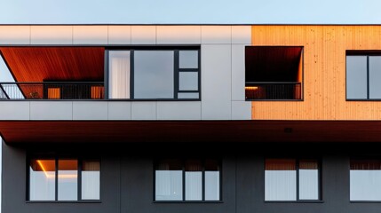 Modern architectural design featuring wooden and metallic elements on a residential building