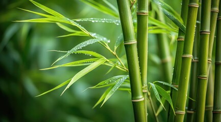 Fototapeta premium Lush bamboo stalks, vibrant green, fresh dew drops