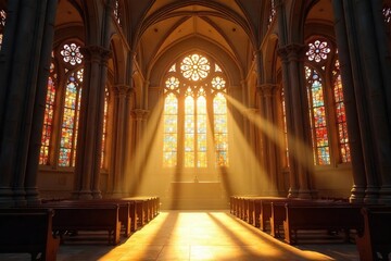 Fototapeta premium Golden sunlight streams through stained-glass windows, illuminating a majestic cathedral interior, signifying divine grace and spiritual purity , christ, sanctuary, belief
