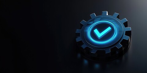 Dark background, glowing blue check mark in a gear