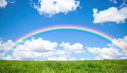 Naklejka premium Vibrant Rainbow Arcing Over Lush Green Field Under a Bright Sunny Sky with Fluffy Clouds