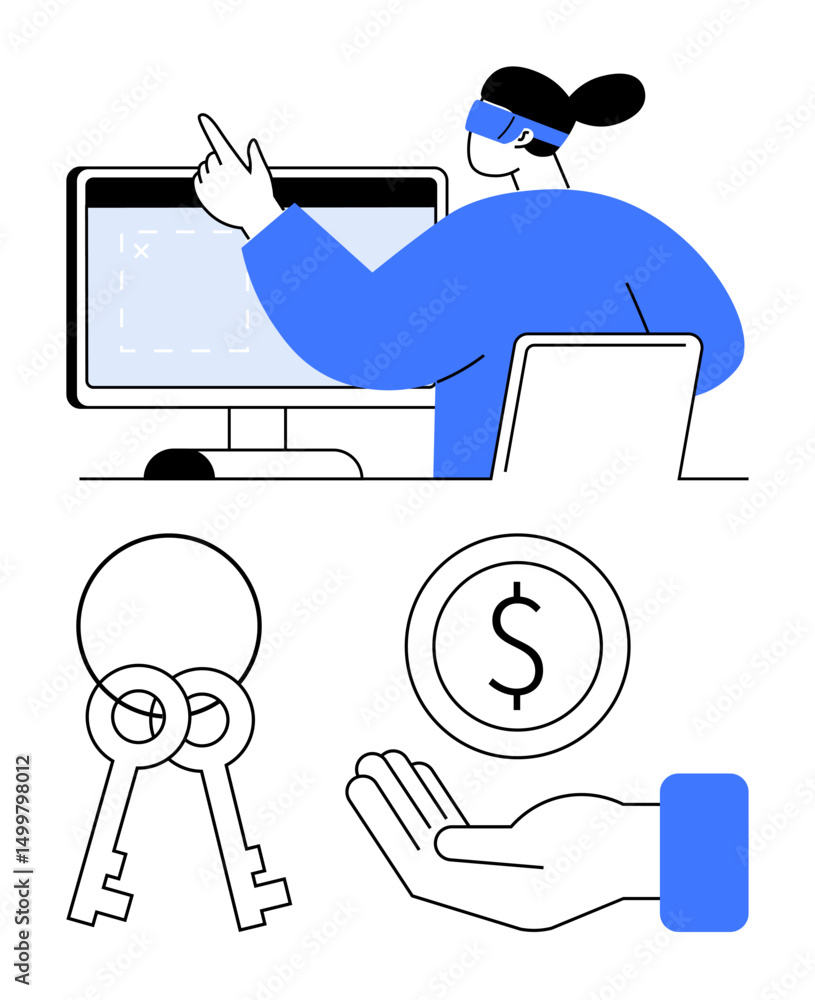 Poster person pointing at a computer screen with a laptop beside them. separate images of a key pair and a 