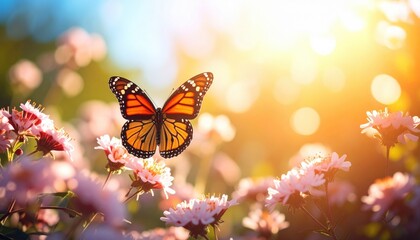 Majestic Monarch Butterfly Soaring Above Vibrant Pink Flowers at Sunset
