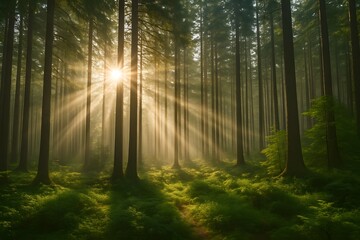 Obraz premium Sunbeams Streaming Through Serene Forest Panorama at Sunrise
