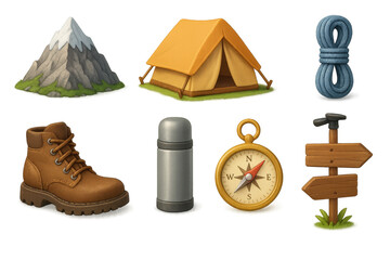 Hiking gear 3d set: outdoor equipment icons in realistic style for adventurers