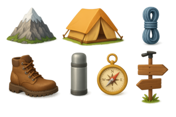Hiking gear 3d set: outdoor equipment icons in realistic style for adventurers
