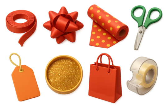 Gift wrapping essentials 3d set. presents, celebrations, festive accessories in 3d style