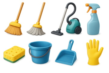 Cleaning tools 3d set. household, sanitation, and hygiene 3d style icons