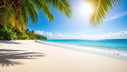 Idyllic Tropical Beach Scene White Sand Beach Turquoise Ocean Palm Trees and Sunshine