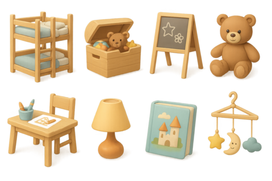 Children's room 3d set: essential furniture and toys in charming 3d style icons