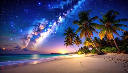 Serene Tropical Beach at Night Milky Way Galaxy over Palm Trees and Soft Sand