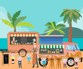 Food Truck selling beverage and coffee to tourist with happy mood