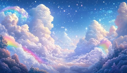 Pastel cloudscapes, rainbows, starry night