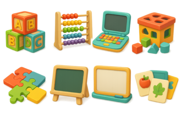 3d set of educational toys icons. playful learning and kids activity symbols in 3d style
