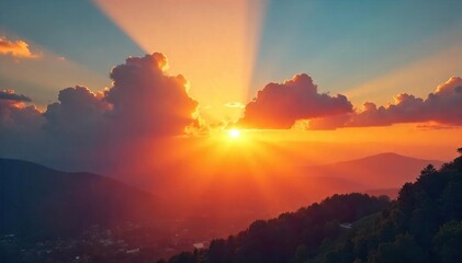 Fototapeta premium Golden hour sunrise rays bursting through clouds, illuminating the landscape with a warm, vibrant glow Perfect for nature, travel, and inspirational projects , hope, beautiful