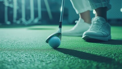 Close-up of a golf club poised over a golf ball on a green