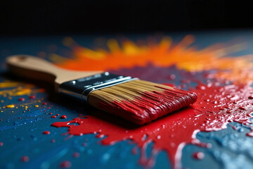 Fototapeta premium close-up of a paintbrush resting on vibrant colorful paint strokes, highlighting artistic brush details and rich texture, perfect for creative, art, painting, and fine arts themed projects and visuals