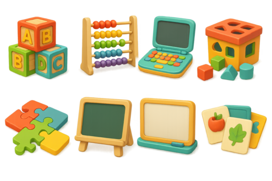 3d set of educational toys icons. playful learning and kids activity symbols in 3d style