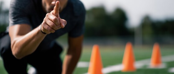 A focused athlete points directly ahead during a training session on a sports field with cones in the background.