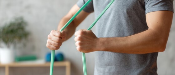A person in a grey shirt pulls on a green resistance band, performing a home workout or strength training routine.
