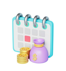 재무 계획 캘린더 동전 돈 주머니 Financial Planning and Calendar with Coins and Money Bag