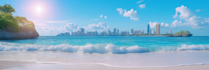 Obraz premium Powerful ocean waves crashing into a big city, with sparkling white foam at the crest of the wave.