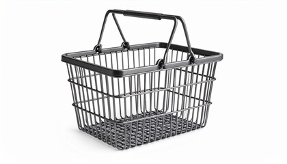 Empty dark grey metal shopping basket isolated on white background Perfect for grocery shopping concepts