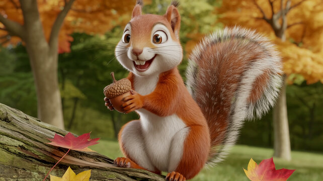 A 3D animated squirrel character sitting on a weathered gray log in an autumn forest setting.