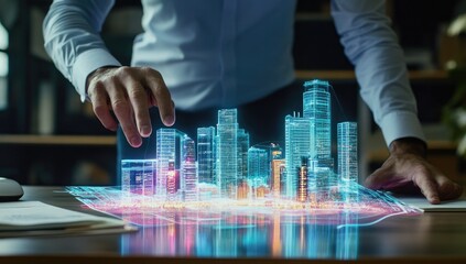 Man interacting with holographic city model