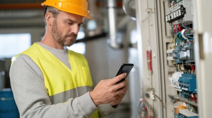 A male engineer in a safety vest and helmet uses a smartphone while inspecting an industrial electrical control panel.

