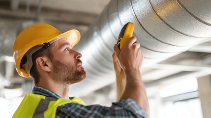 An engineer in safety gear checks HVAC ductwork using a handheld diagnostic tool inside a commercial building.

