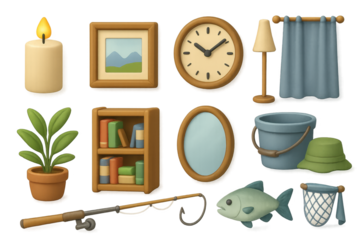 3d home decor and fishing icon set. modern simplistic style elements and symbols