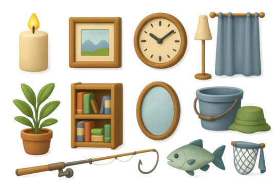 3d home decor and fishing icon set. modern simplistic style elements and symbols