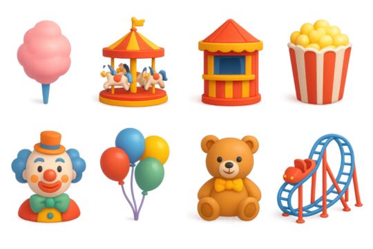 Carnival 3d set icons: amusement park, fairground, festival symbols in 3d style