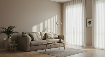 Scandinavian Living Room with Beige Walls and Linen Sofa