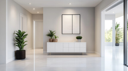 Modern interior design featuring a bright hallway with elegant decor and greenery.